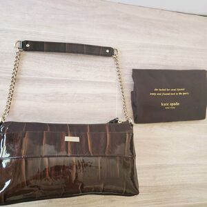 Kate Spade Brown Patent Leather Croc Satchell Bow Gold Tone Chain Link Straps
